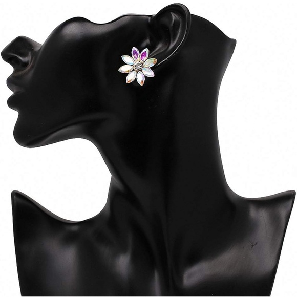 Iridescent Vintage Inspired Flower Stud Wedding Holiday Crystal Luxury Earrings - Picture 3 of 5